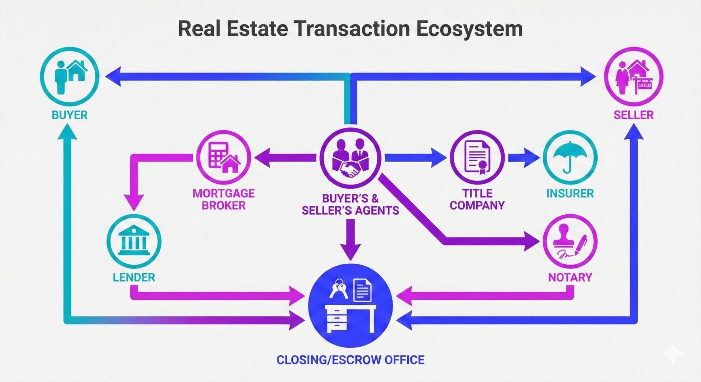 Real estate transaction ecosystem diagram showing fraud entry points