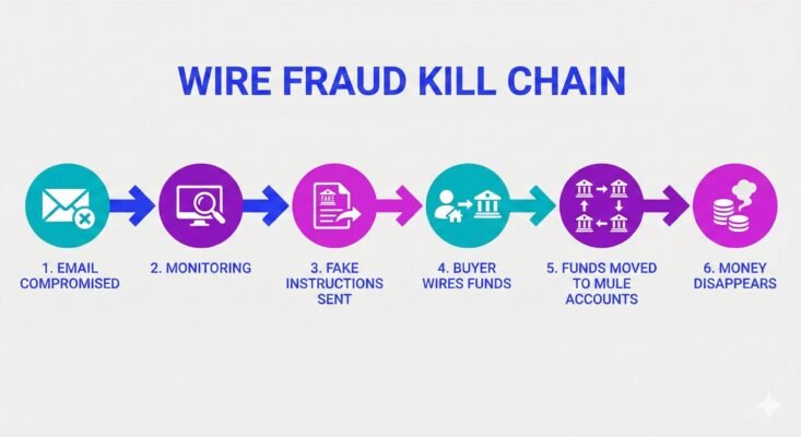 Wire fraud kill chain showing how scammers redirect closing funds