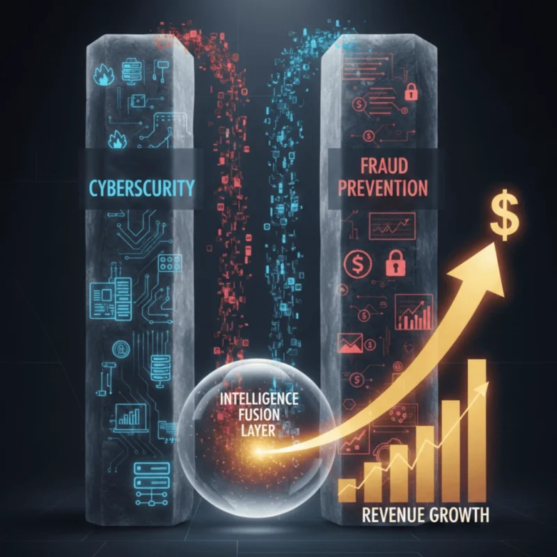 A professional diagram illustrating the Cyber-Fraud Fusion Model, where blue Cybersecurity signals and purple Fraud signals overlap to create a high-confidence, white-gold "Intelligence Fusion" core leading to revenue growth as the result.