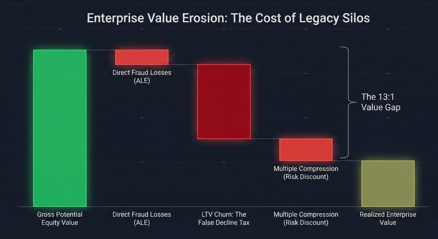 A financial waterfall chart titled "Enterprise Value Erosion" mapping the loss from Gross Potential ARR through Direct Fraud and a massive LTV Churn drop, ending in a lower Realized Valuation.