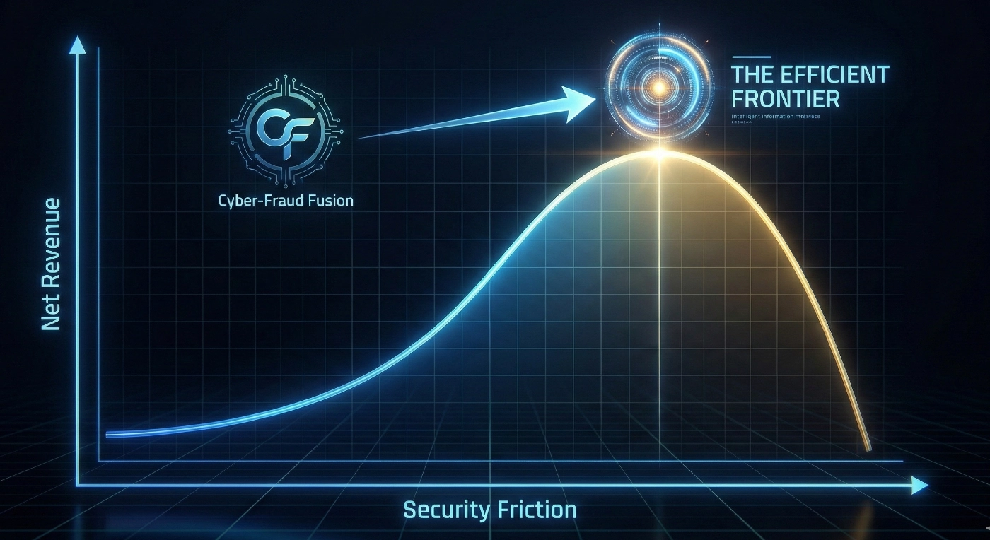 A line graph on a grid background showing the Efficient Frontier curve where net revenue peaks at the optimal balance between security friction and conversion speed, optimized via Cyber-Fraud Fusion.