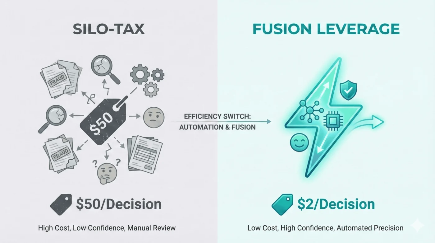 A split-screen comparison showing the "Silo-Tax" of $50 per manual fraud review decision versus the "Fusion Leverage" of $2 per automated, integrated decision.